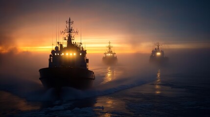 Fototapeta premium Arctic twilight illuminating ships as they conduct a classified military maneuver