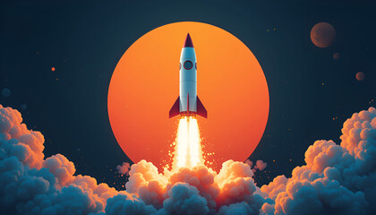 Naklejka premium A retro rocket launches into the sky against an orange sunset, amid fluffy clouds and cosmic planets in the distance.