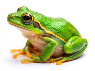 Naklejka premium Vibrant Green Tree Frog Close-up, Studio Shot, Isolated on White, Detailed Texture, Peaceful Mood, Nature Photography.