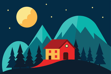 Naklejka premium Serene Nighttime Mountain House Peaceful Landscape Illustration
