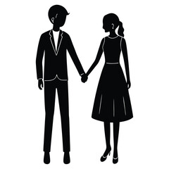 Couple holding hands dressed formally in black silhouette against white background