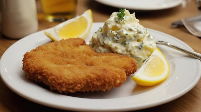 Wiener schnitzel, close-up of breaded veal cutlet with golden crispy crust, side of potato salad and fresh lemon, warm and inviting restaurant setting
