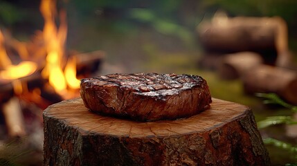 juicy grilled steak served on a wooden stump with campfire background  . aspect ratio 16:9