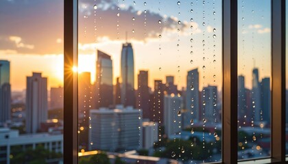 Sunset view over a city skyline with rain droplets on a window, capturing urban tranquility