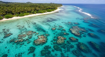 Obraz premium Pristine coral reefs and turquoise waters off a tropical island.
