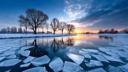 Winter landscape featuring a serene river with floating ice, surrounded by bare trees under a dramatic sky at sunset, creating a tranquil and picturesque scene