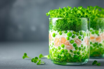 In glass containers, gourmet dishes prepared with fresh salmon and microgreens are transformed into stunning culinary presentations that highlight the precision, artistry, and creativity of high-end