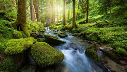 Obraz premium adorable serene peaceful setting of the lush moss covered forest enhanced by adorable gentle flow of the babbling brook creating the calming relaxing environment with its soothing sounds