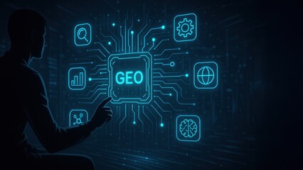 Person reaches toward glowing holograic neon icons float around GEO panel, highlighting AI Optimization, Generative Ranking