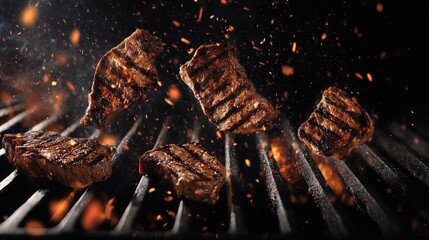 juicy grilled steaks being grilled on a searing flame grill  . aspect ratio 16:9