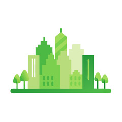 Obraz premium Stylized green city skyline with modern buildings and trees in a clean design 