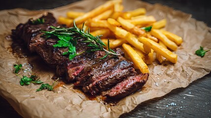 juicy grilled steak served on a greasy cooking paper with french fries . aspect ratio 16:9