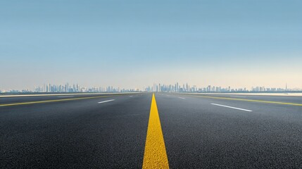 Wide empty highway with yellow lane markings, city skyline in the background, clear blue sky, daylight scene, asphalt road with horizon line, spacious horizontal banner with copy space for text