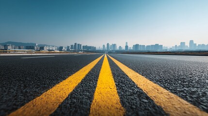 Wide empty highway with yellow lane markings, city skyline in the background, clear blue sky, daylight scene, asphalt road with horizon line, spacious horizontal banner with copy space for text