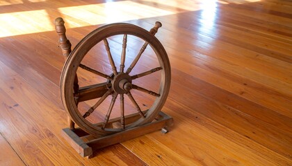 Old Spinning Wheel Charkha Polished Wooden Floor Warm Natural Light