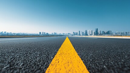 Wide empty highway with yellow lane markings, city skyline in the background, clear blue sky, daylight scene, asphalt road with horizon line, spacious horizontal banner with copy space for text