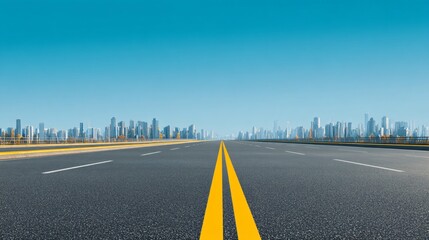 Wide empty highway with yellow lane markings, city skyline in the background, clear blue sky, daylight scene, asphalt road with horizon line, spacious horizontal banner with copy space for text