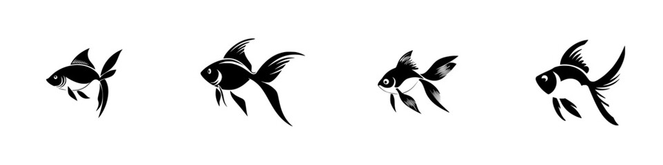 Fototapeta premium Silhouette pictograms of different types of fish swimming in various positions and sizes, ideal for design and decorative use