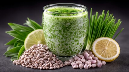 A small glass contains a shot of wheatgrass juice accompanied by a lemon slice