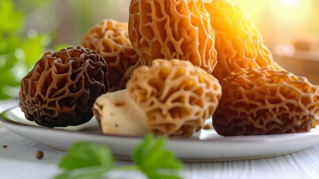 Delicious morel mushrooms on white plate with blurred greenery background create a culinary delicacy presentation