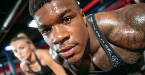 A man and woman in a health club work out together, performing exercises such as mountain climbers to enhance their physical fitness and challenge themselves