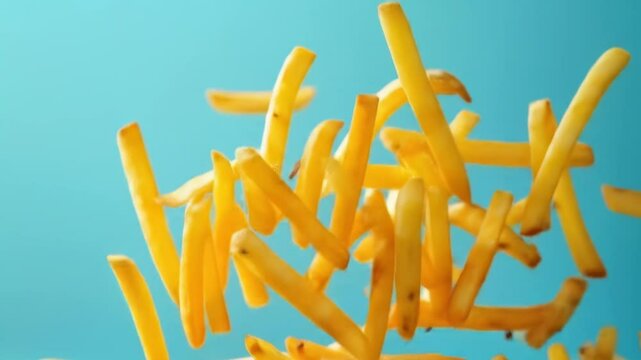 Crispy golden french fries falling and piled against a vibrant background, creating an appealing and delicious snack image