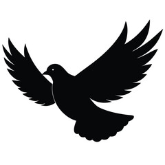 Silhouette of a dove with outstretched wings flying against a white background