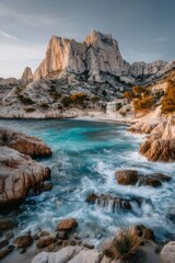 On a sunny day, under a cloudless sky, the majestic rocky cliff presents a breathtaking coastal vista, a panoramic seascape with rugged cliffside, verdant trees, and rolling turquoise waters,