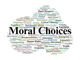 Moral Choices Word Cloud. Core Concepts And Ethical Dilemmas In Human Decision Making