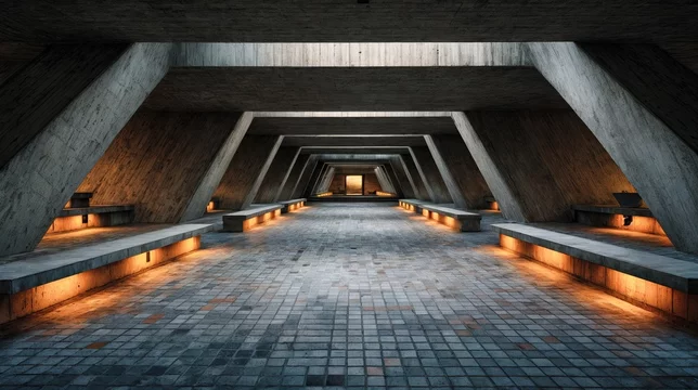 Empty Brutalist Interior with Angular Symmetry and Light Shafts