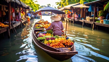 Obraz premium Vibrant floating market scene with a vendor navigating a boat filled with fresh fruits and greenery