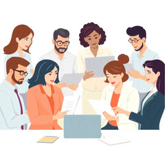 A group of eight staff are preparing training materials. They appear focused and collaborative, with laptops and notes in front of them.