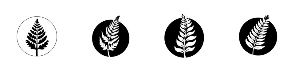 Silhouette pictograms of various ferns in circular designs showcasing nature's diversity and beauty in botanical illustrations