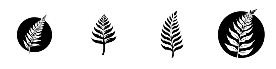 Silhouette pictogram collection featuring diverse fern designs in circular frames for nature-inspired art