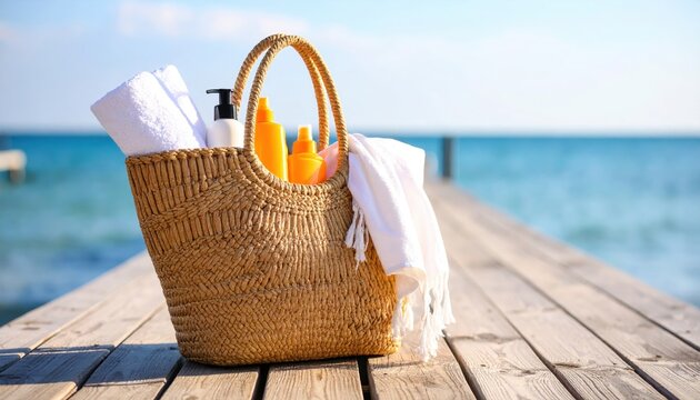 A beach scene featuring a woven basket filled with towels and sun care products on a dock