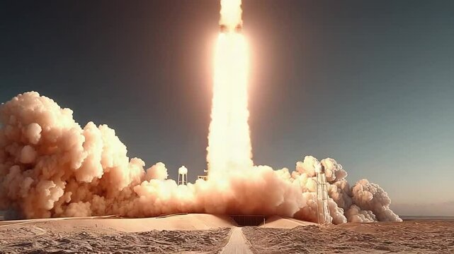 Spectacular rocket launch sequence with dramatic clouds and desert landscape