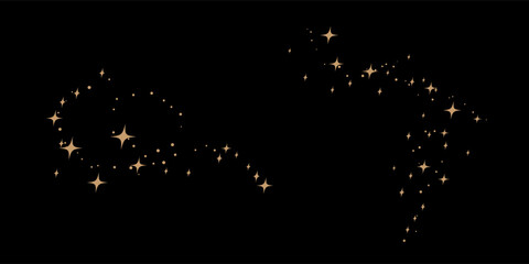 Golden confetti wave wallpaper. Gold sparkles and glitter particles on black background. Shiny swoosh decoration for Christmas, birthday, holiday party banners, poster. Vector illustration 