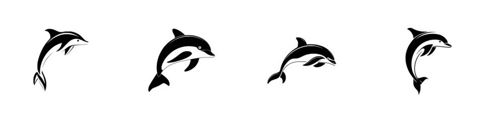 Naklejka premium Silhouette pictograms of dolphins depicting various swimming poses and movements in a minimalist design
