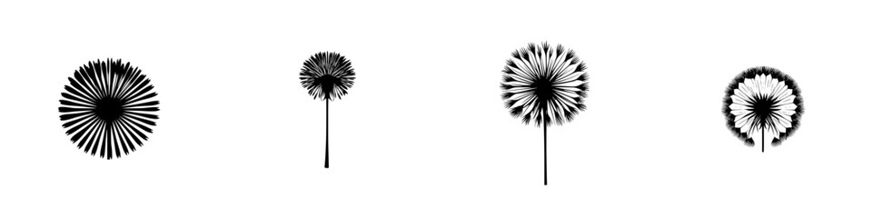 Set of silhouette pictograms depicting various stylized trees with unique shapes and forms in minimalist design