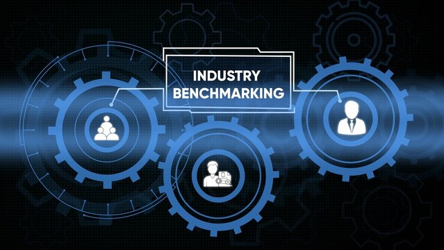 Industry benchmarking concept illustration featuring gears and business icons with a blue color theme