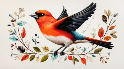 Colorful bird illustration perched on a branch with leaves.