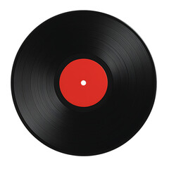 Black vinyl record with red label isolated on transparent background