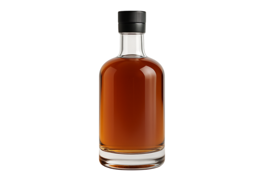 Clear glass liquor bottle with black cap isolated on transparent background