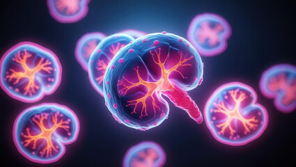 Intricate structure of kidney cells reveals their vital role in body, showcasing beauty of cellular life and impact of cancer