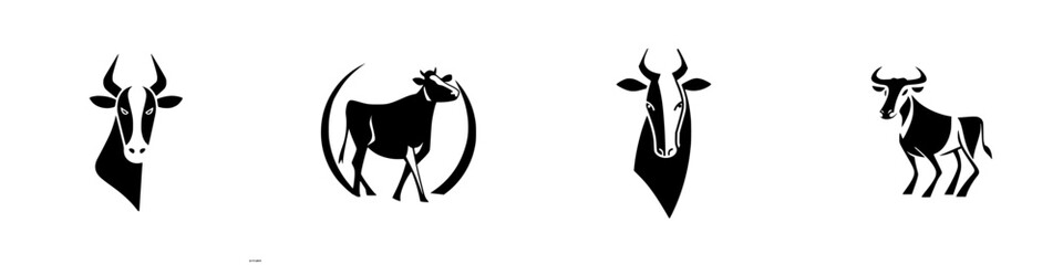 Vector icons depicting animal silhouettes of cattle in various poses showcasing the diversity and characteristics of cows and bulls