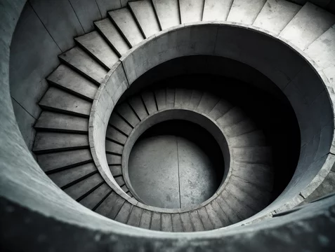 Geometric Spiral Ramp in Gray Brutalist Architecture