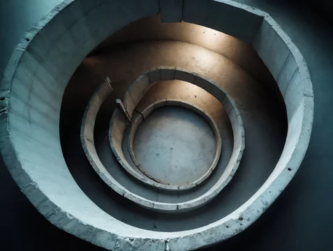 Top View of Empty Brutalist Space with Curving Concrete Ramp