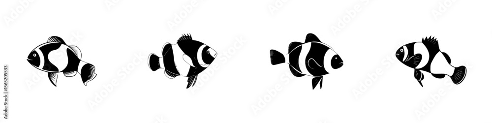Poster silhouette pictogram icons of various fish species displaying distinct shapes and patterns in a mini