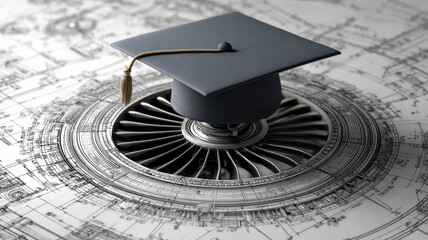 Symbolic graduation cap on top of aircraft engine blueprint, aviation education success concept