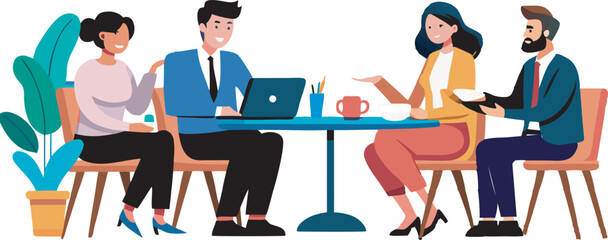 Four diverse colleagues are actively engaged in a collaborative meeting around a table